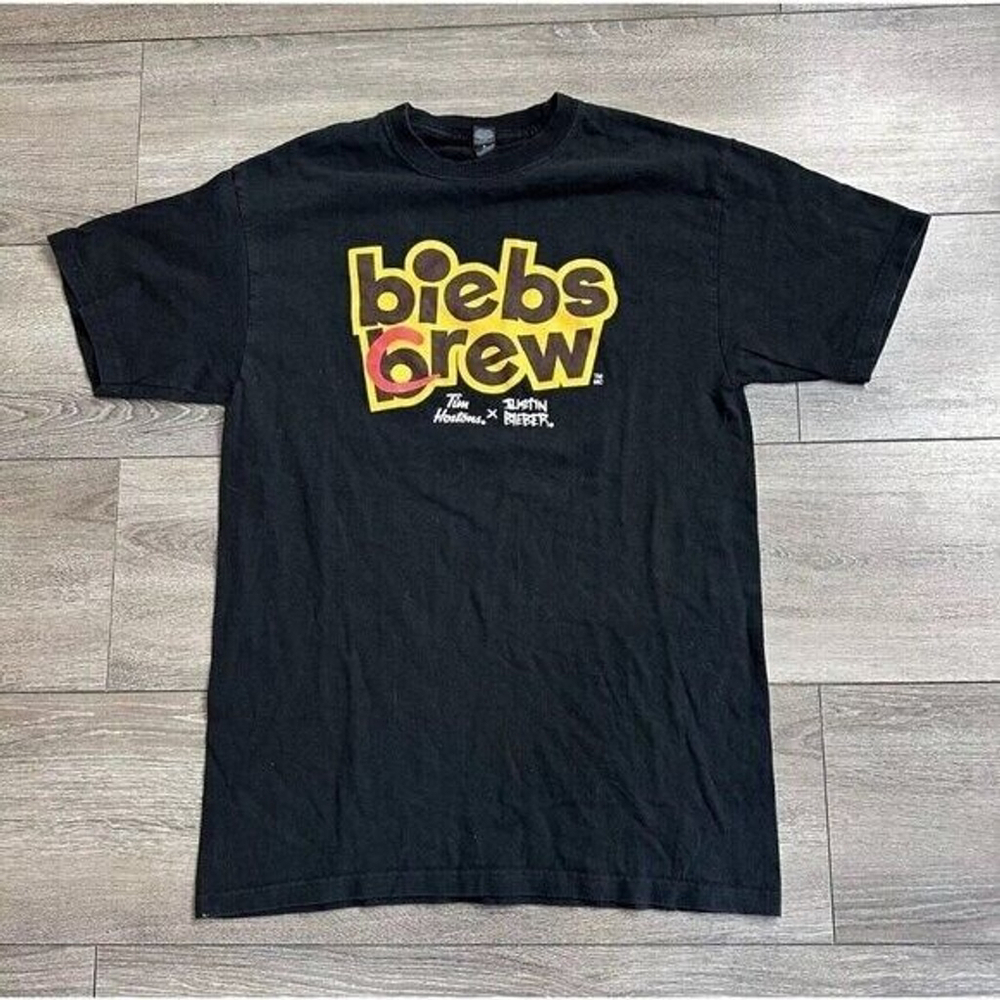Justin Bieber x Tim Hortons Biebs Brew Crew Coffee T Shirt Size XL